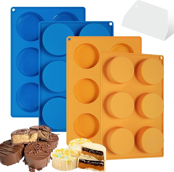 Webake Cake Puck Mold Set 2 Different Sizes, Silicone Flat Cake Pop Molds for Chocolate Covered Desserts, BPA Free - 4 Molds & 1 Scraper by Webake