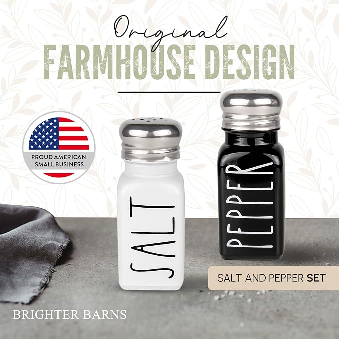 Salt and Pepper Shakers Set by Brighter Barns - Cute Modern Farmhouse Kitchen Decor for Home Restaurants Wedding - Gorgeous Vintage Glass Black White Shaker Sets with Stainless Steel Lids - Image 2