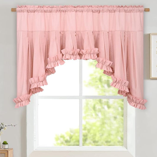 Likiyol Linen Valances for Windows Farmhouse Ruffle Swag Valance Rustic Country Window Valances Light Filtering Kitchen Curtains Rod Pocket Valance Curtains for Bathroom Cafe, Pink, 60" W x 36" L by Likiyol