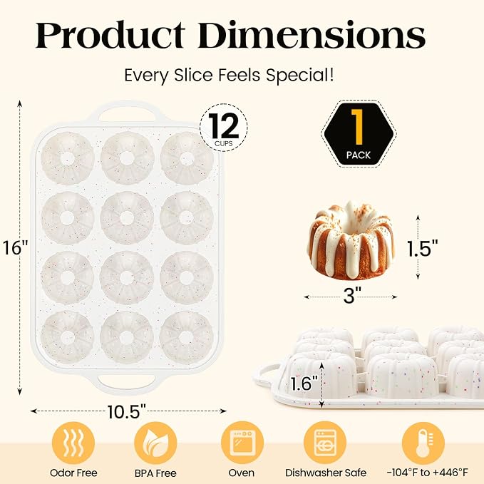 Vinino 3 Inch Silicone Mini Fluted Tube Cake Pan with Metal Frame | 12-Cavity Mini Flan Mold for Donuts, Muffins, Brownies & Jellies, Nonstick Design with Easy Release and Cleanup - Image 4