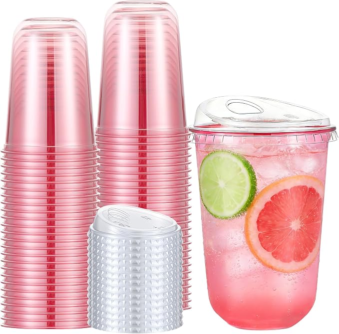 Ziliny 50 Sets Clear Plastic Coffee Cups with Sip Lids, Disposable Plastic PET Crystal Cups for Iced Coffee, Smoothie, Cold Beverage, Drink Shops and Party Catering (Pink,16 oz) by Ziliny