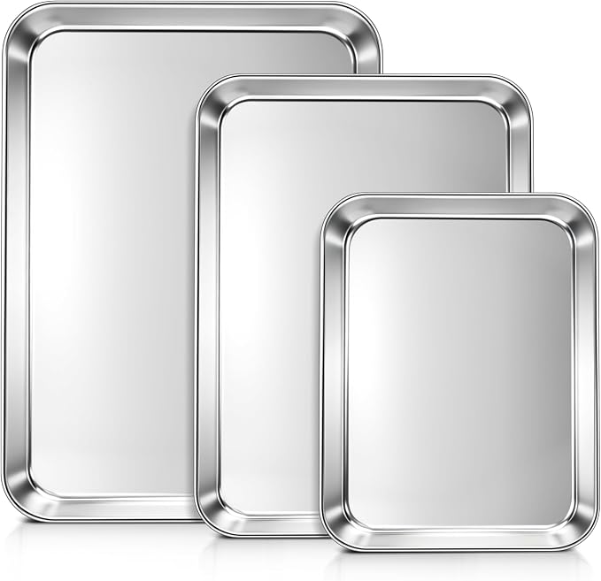 LIANYU Baking Sheet Pans, Half Sheet/Jelly Roll/Quarter Sheet, 3 Pack | Stainless Steel Cookie Sheet for Baking, 17.5/16/12.4 Inch Metal Tray, Heavy Duty, Dishwasher Safe, Non Toxic by LIANYU