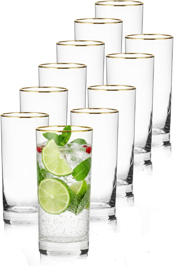 Highball Glasses, Gold Rim Crystal Glassware, 16 oz, Set of 12 | Elegant European Tall Highball Glasses for Water, Juice, Mojitos and Cocktails, Perfect for Everyday Use by ICESIP
