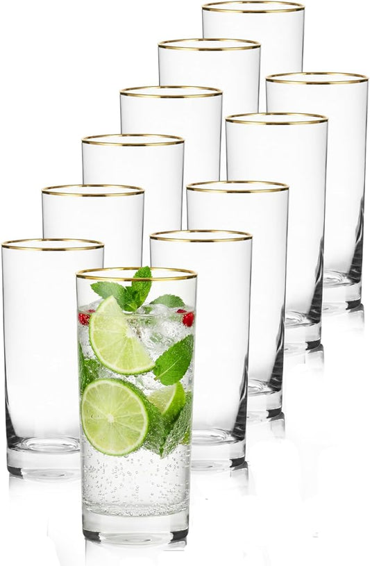 Highball Glasses, Gold Rim Crystal Glassware, 16 oz, Set of 12 | Elegant European Tall Highball Glasses for Water, Juice, Mojitos and Cocktails, Perfect for Everyday Use by ICESIP