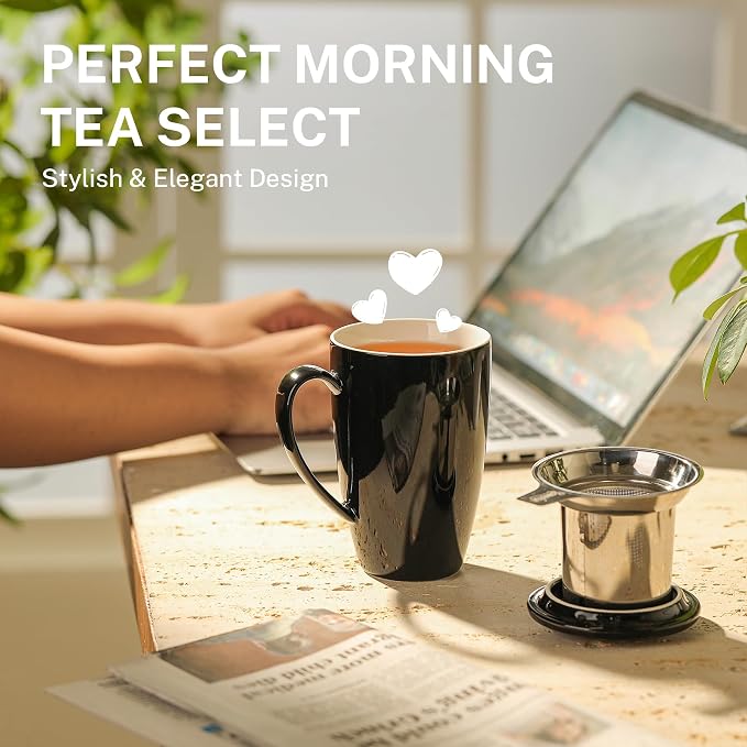 Sweese 15 OZ Porcelain Tea Mug with Infuser and Lid, Loose Leaf Tea Cup, Gifts for Tea Lover, Black - Image 5