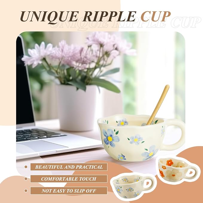 Vesici 2 Pcs Ceramic Coffee Mugs with Spoon, Vintage Floral Spring Mugs with Handle, 8.5 oz Aesthetic Flower Porcelain Tea Cup Set, Dishwasher & Microwave Safe Mothers Day Gifts for Mom(Vivid) - Image 6