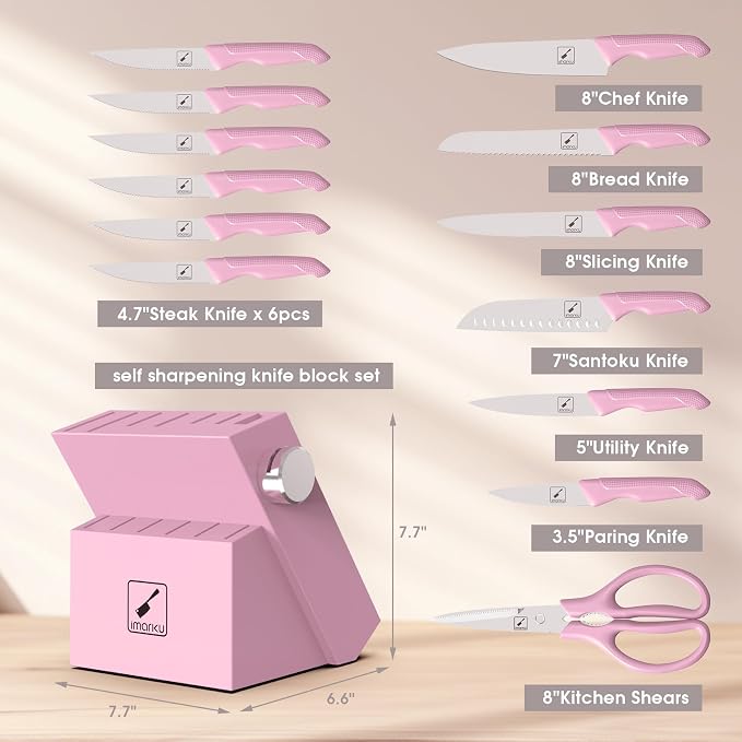 imarku 14-Piece Japanese High-Carbon Stainless Steel Kitchen Knife Set，Pink | Knife Set with Block|15°Precision Edge | 56±2 HRC Hardness | Built-in Sharpener|Ergonomic Handles|Gifts Mom & Dad - Image 3