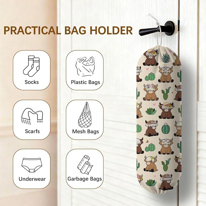 Plastic Bag Holder Highland Cow Bag Holder Dispenser, Plastic Grocery Bag Organizer & Wall Mount Paper Trash Bags Saver Storage for Kitchen Home Pantry Decor, Fun Farmhouse Decor - Image 4