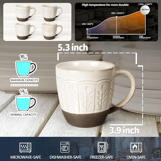 Artena Ceramic Coffee Mugs Set of 4, 16oz Embossed Large Latte Mugs Coffee Cups with Handle for Tea, Latte, Cappuccino & Cocoa, Milk Dishwasher & Microwave Safe, White (Wheat Leaf) - Image 2