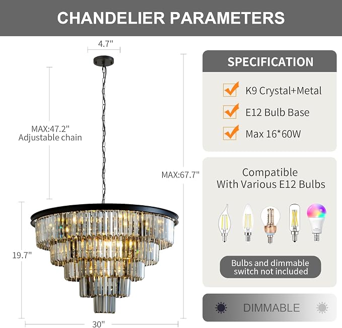 Smoke Gray Crystal Chandelier Modern Large Dining Room Light Fixture | 30''Big Black Round Chandelier,5-Tier K9 Crystal Luxury High Ceiling Pendant for Living Room,Kitchen,Foyer,Staircase,Entryway - Image 3