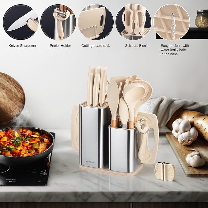 RAXCO Cooking Utensils Set,18-Piece Kitchen Utensils and Knife Set,Khiki | Food-grade Silicone Utensils Heat-resistant to 410°F,5-Piece Stainless Steel Kitchen Knife with Sharpener and Cutting Board - Image 7