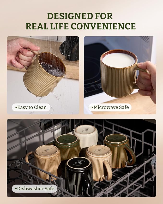 famiware Coffee Mug Set for 6, Star 12 oz Catering Mugs Cup Set with Handle for Coffee, Tea, Cocoa, Milk - Ceramic Stoneware Drinkware Set, Cream Cocoa - Image 7
