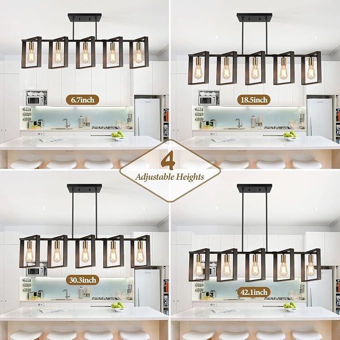 5-Light Black Gold Dining Room Light Fixture, 53’’ Farmhouse Wood Chandelier Kitchen Island Lighting Over Table, Modern Black Rectangular Hanging Pendant Light Fixture for Living Room, E26 Sockets - Image 2