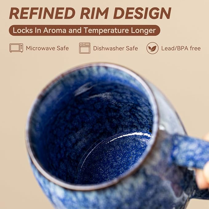 Sakura Blue Reactive Glaze Ceramic Coffee Mug - 14 oz Unique Mug with Ergonomic Handle, Large Ceramic Mug for Coffee, Tea, Milk - Great Birthday Gift for Women, Men, Friends, Home & Office Use - Image 8