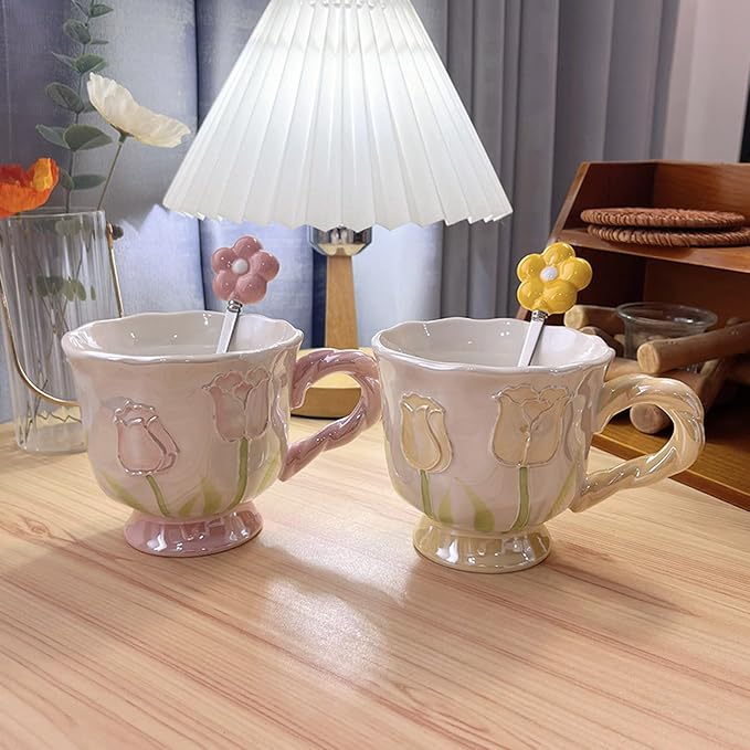 DTIUYIOP-Ceramic Coffee Mug 14oz/410ml Yellow Cute Flower with Spoon | novelty coffee mug, Tulip Shaped Floral,Girly Mug with Handle, Breakfast Milk Oatmeal Cup, cute mugs for women - Image 5