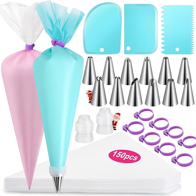 176PCS Piping Bags and Tips Set, Includes 150pcs 12 Inch Anti Burst Piping Bags, 1 Reusable Pastry Bags, 12 Piping Tips, 8 Icing Bags Ties, 3 Cake Scrapers and 2 Couplers