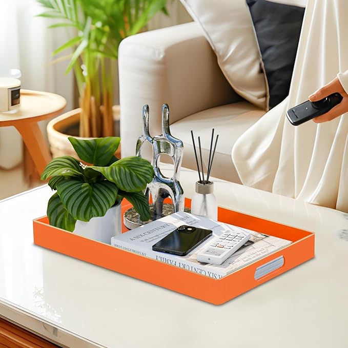 MAONAME Orange Decorative Tray for Coffee Table, Serving Tray with Handles | Plastic Melamine Tray, Modern Ottoman Tray, Rectangular Countertop Organizer Tray for Living Room, 15.8"L x 10.2"W x 1.4"H - Image 5