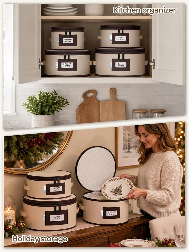 China Storage Containers, 4-Pack Hard Shell Plate & Dish Cases for Moving | Padded dividers and quilted lining protect plates and dishes; stackable for moving and holiday storage, beige hold set of 12 - Image 6