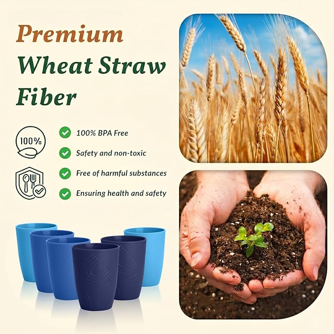 Homienly Wheat Straw Cups 16oz,Unbreakable Cups-6 PCS Freezer and Dishwasher Safe Cups for outdoor gatherings,Picnic,Travel-Blue Sky - Image 4