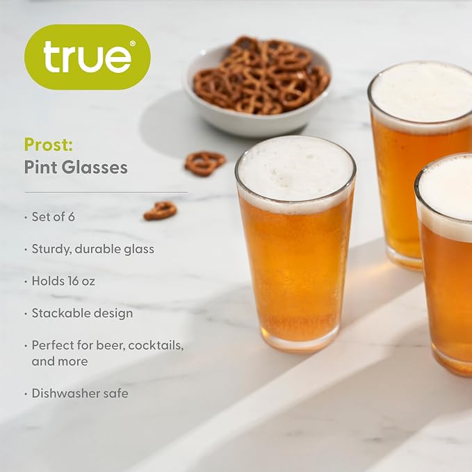 True Stackable Beer Glasses, Pint Glasses for Beers, Water, Iced Coffee, Cocktails, Game Night, Beer Gifts for Men, BBQ Outdoor Party, Home Bar Accessories, Kitchen Glassware, 16 oz, Set of 6 - Image 2