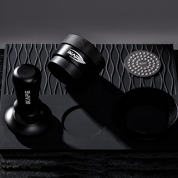 IKAPE 53MM Coffee Tamper Set Black 6 IN 1, Espresso Tool Kit for Making Perfect Shots – Tamper, Distributor, Funnel, Mat, Screen, and Towel