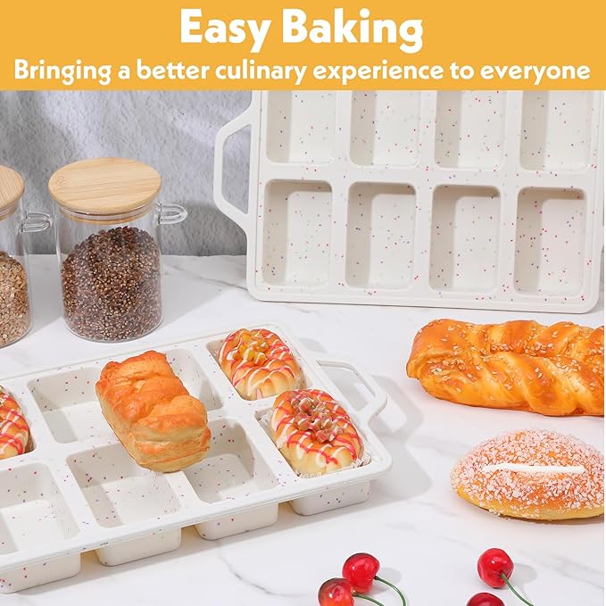 Silicone Mini Loaf Pan with Metal Reinforced Frame 2 Pack Non-stick Mini Bread Loaf Pans for Baking Bread 8-Cavity, Dishwasher Silicone Baking Molds for Banana Breads, Cornbread, Cheesecake (Cream)