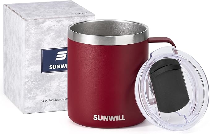 SUNWILL Travel Coffee Mug with Lid, Insulated Tumbler with Handle, 14 oz Stainless Steel Cup for Ice, Water, Tea, Powder Coated Wine Red - Image 5
