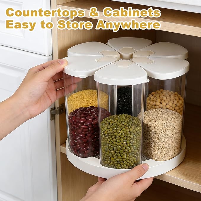 5-10 lbs Rice Dispenser 6 Grids 360° Rotating Cereal Dispenser Countertop BPA-Free PET Grain and Rice Storage Container with Lids Dry Food Dispenser Grain Canister Sets for Oats Flour Corn Flakes - Image 5