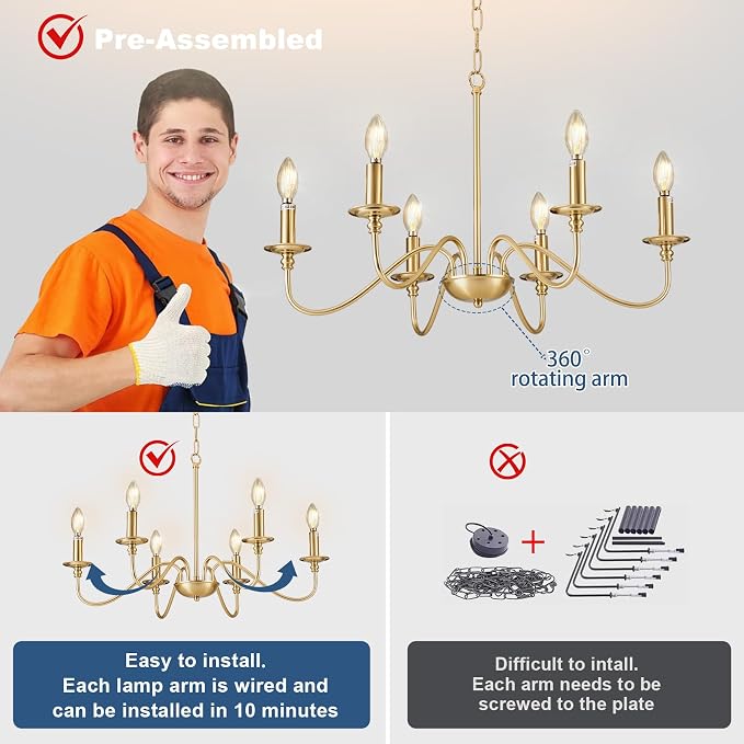 Depuley Gold Chandelier Light Fixture: 6-Light Modern Farmhouse Chandelier for Dining Room Lighting - Industrial Hanging Pendant Lights Kitchen Island - Vintage Iron Candle Chandeliers for Foyer - Image 4