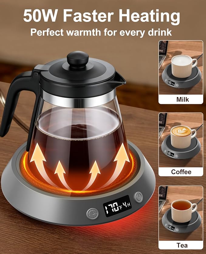 Kepwam Coffee Mug Warmer - 50W Electric Coffee Warmer for Desk 3 Temp Settings & 2-9 Timer Smart Cup Warmer for Desk Candle Warmer Plate with LED Lights Beverage Tea Milk Warmer for Home & Office - Image 5