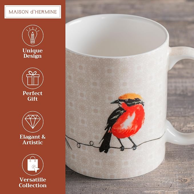 Maison d' Hermine Coffee Mug with Handles Tea Cups (15 Ounce, Pack of 1) | Fine Bone China Coffee Mugs for Hot Beverages Cappuccino Latte Home Restaurant Spring Summer -Birdies on Wire - Nuthatch - Image 2