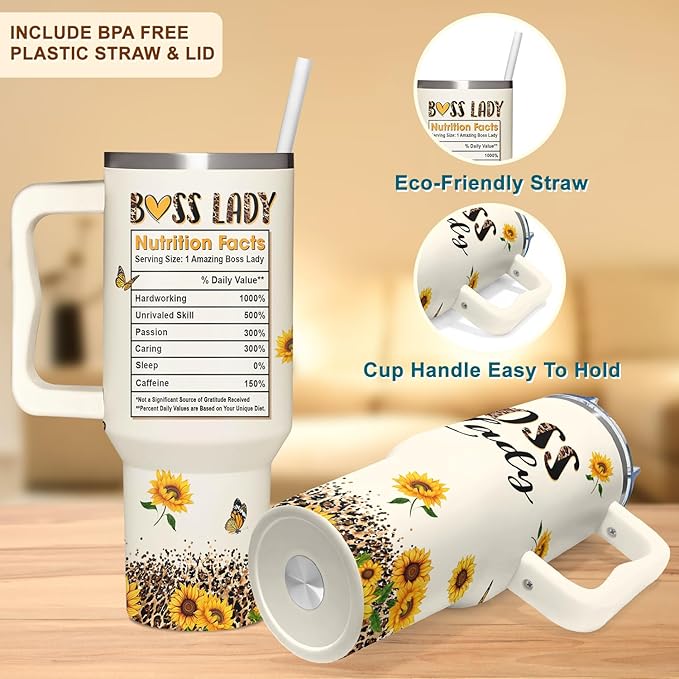 Boss Lady Tumbler 40oz with Handle - Sunflower Gifts for Women, Administrative Professional Day, Christmas - Thank You Gift for Manager