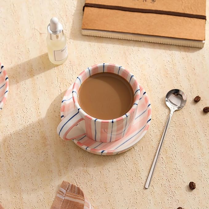 Hand-Painted Ceramic Coffee Mug and Saucer Set, 8 oz Artisan Striped Porcelain Espresso Cup, Decorative Tea Cup with Large Handle for Home, Office,Pink - Image 5