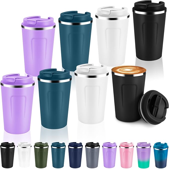 Volhoply 12 oz Double Wall Insulated Vacuum Travel Coffee Mug with Flip Lid Bulk 8 Pack,Reusable Stainless Steel Leak Proof Coffee Cup,Portable Thermal Tumblers for Hot & Cold Drinks(Assorted,8 Set) by LiveFully%EF%BC%8CDrinkFreely%E2%80%94KeepGoingwithVolhoply%EF%BC%81