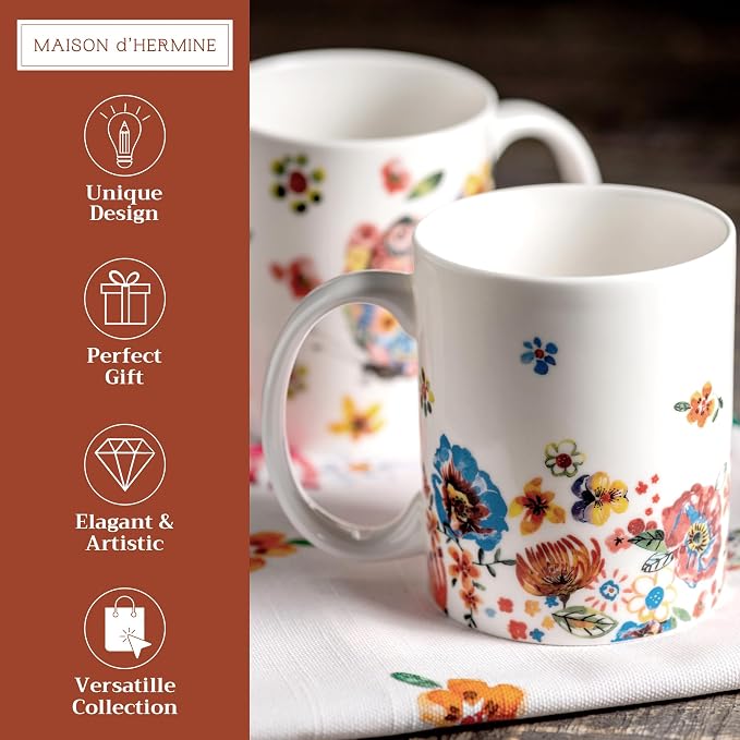 Maison d' Hermine Coffee Mug with Handles Tea Cups (12 Ounce, Pack of 2) | Fine Bone China Coffee Mugs for Hot Beverages Cappuccino Latte Home Restaurant Spring Summer -Happy Florals - High Summer - Image 2