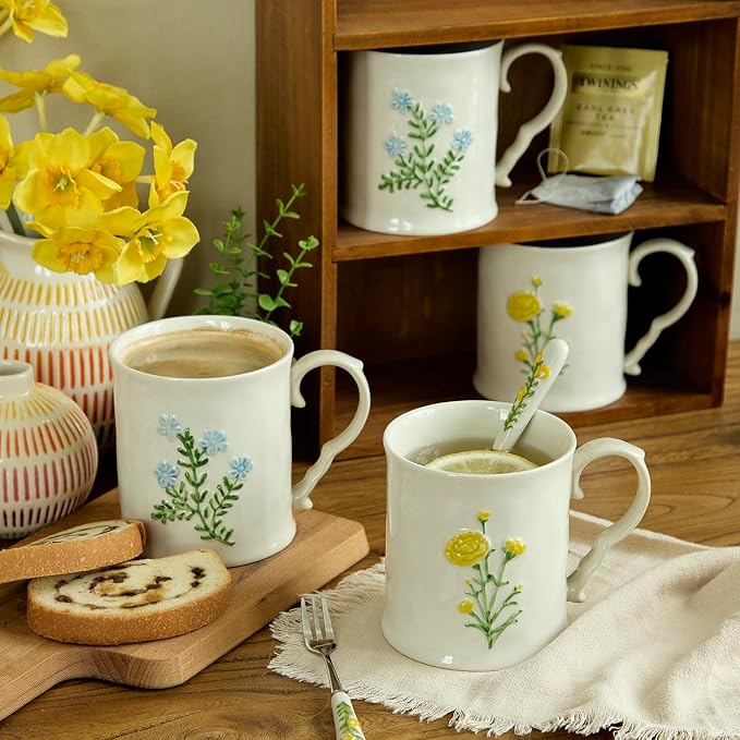 2 Pack Floral Ceramic Coffee Mugs - Yellow and Blue Flowers, Hand-Painted, Microwave & Dishwasher Safe, Ideal for Cappuccino, Tea, Hot Chocolate - Image 7
