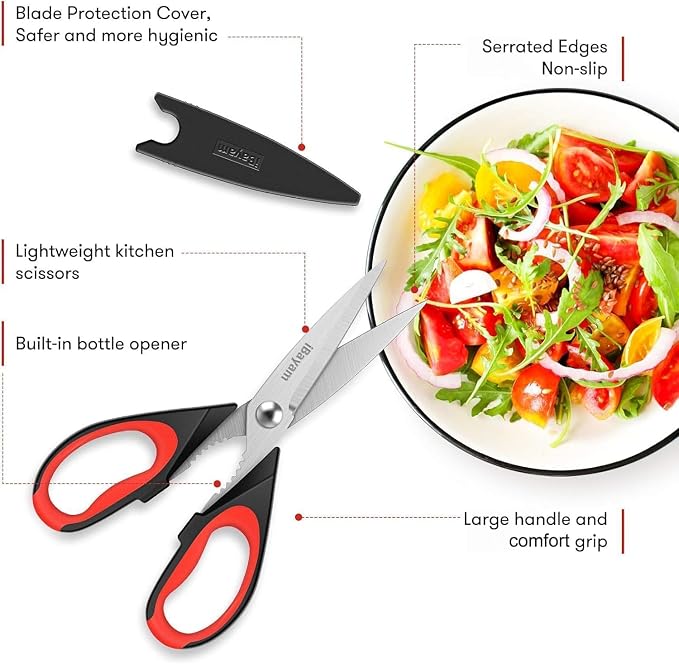 iBayam Kitchen Scissors Shears All Purpose Heavy Duty, Protective Sheath | 2-Pack, Ultra-Sharp Stainless Blades, Soft Comfort-Grip, Dishwasher Safe, Cutting Food Cooking Meat Poultry Kitchen Utensils - Image 9