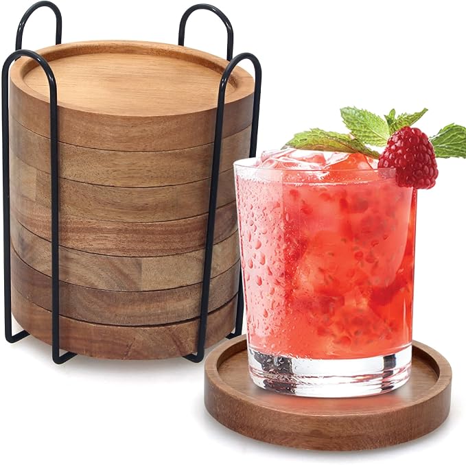 Acacia Wood Coasters Set of 8 Bar Accessories Table Decor Wooden Coaster | Rustic Vintage Drink Coaster with Holder Kitchen Decoration Cool Home Outdoor Cup Coster porta vasos Table Centerpieces by Renawe