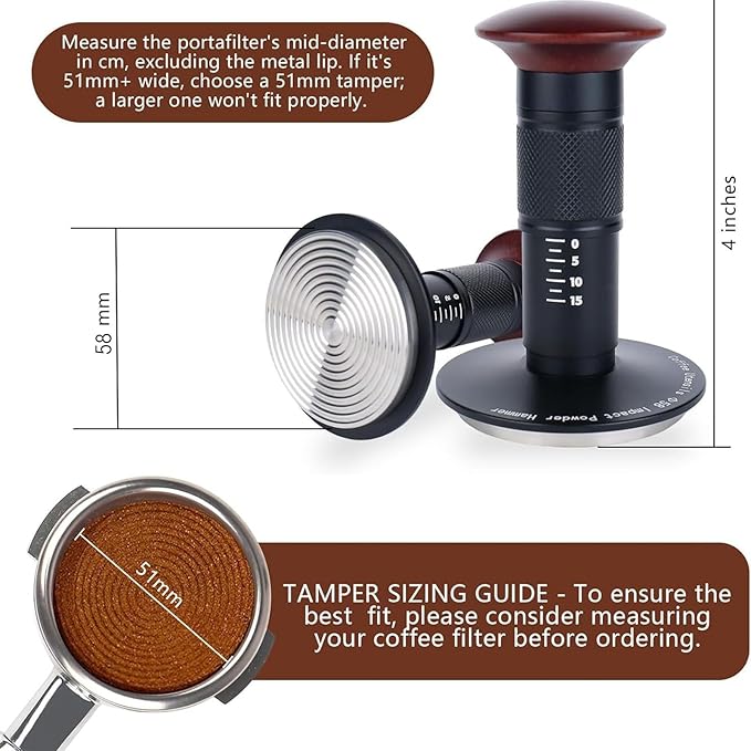 Zerodis 58mm Coffee Tamper, Universal Stainless Steel Ground Auto Rebound Spring Press Tamper with Walnut Wooden Handle Suitable for Kitchen Coffee Shop