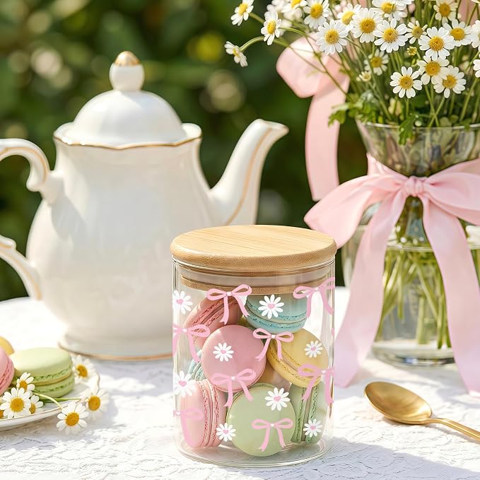 Pink Bow Glass Storage Jars with Lids, Candy Cookie Jars, 3 Pcs | Pink Bow Cute Preppy Kitchen Canister Set for Women Girls Cute Kitchen Counter Decor Airtight Candy Cookie Containers - Image 2