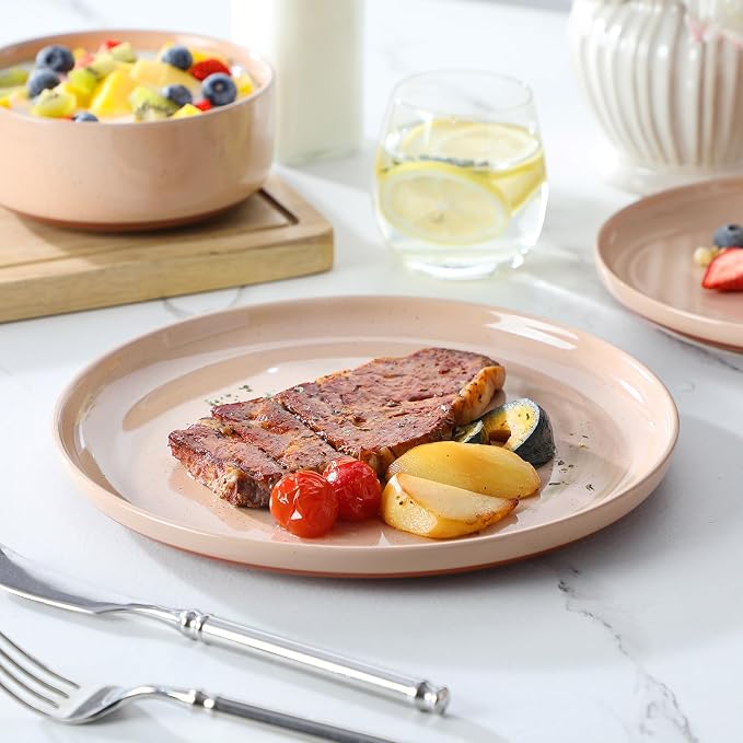 MALACASA Plates and Bowls Sets, 12 Pieces Modern Stoneware Dinnerware Set for 4 Kitchen Dinner Set Ceramic Dishware Dishes Set Microwave and Dishwasher Safe, Pink, Series TARA - Image 8