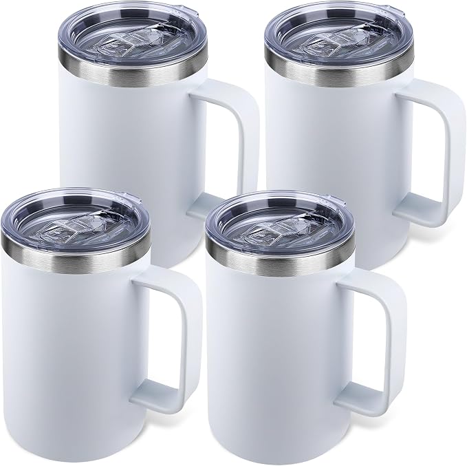 22oz Insulated Coffee Mug with Handle & Leak-Proof Lid - Double Wall Stainless Steel Travel Tumbler Bulk for Commute/Office/Home, White, 4 Pack by Unknown