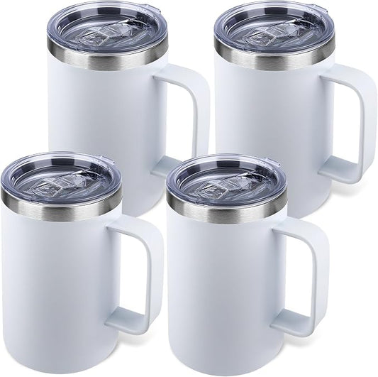 22oz Insulated Coffee Mug with Handle & Leak-Proof Lid - Double Wall Stainless Steel Travel Tumbler Bulk for Commute/Office/Home, White, 4 Pack by Unknown