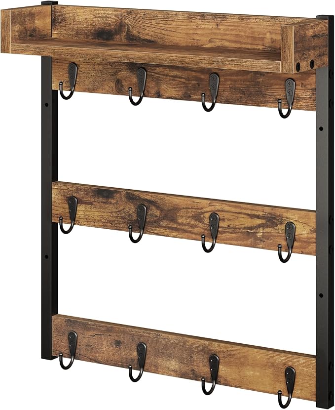 YATINEY Coffee Mug Holder Stand, 3 Tier Mug Tree Rack, Hanging 12 Cups, with Top Shelf, for Kitchen, Dining Room, Living Room, Cafe, Rustic Brown MH42BR by Yatiney