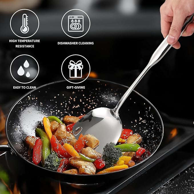 304 Stainless Steel Kitchen Cooking Utensils Set - 9 PCS Serving Utensils, Include Skimmer, Soup Ladle, Spaghetti Server, Wok Spatula, Slotted & Solid Spoon, Slotted Spatula Turner, Meat Fork (Silver） - Image 4