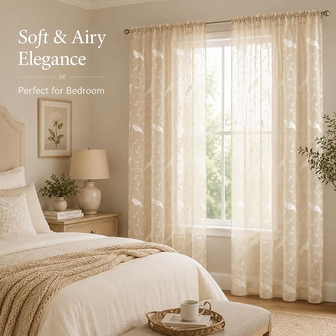 Sheer Curtains 84 Inches Long, White Bird Embroidered Taupe Sheer Curtain Window Treatments for Living Dining Room, Rod Pocket, W54 X L84, 2 Panels - Image 6