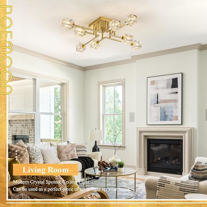 8-Light Gold Sputnik Chandeliers Modern Crystal Semi Flush Mount Ceiling Light Fixture L 31.5" Industrial Chandelier for Living Room Dining Room Foyer Entryway Kitchen Bedroom - Image 8