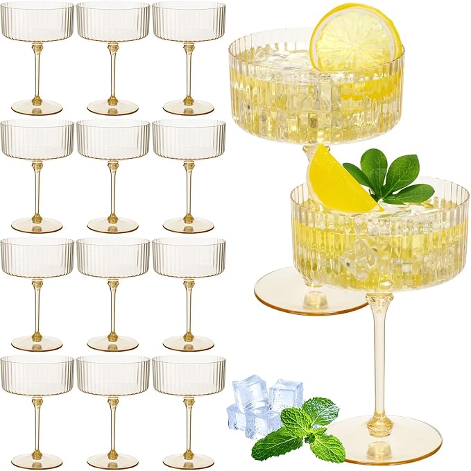 Jingmore 12 Pcs Ribbed Martini Glasses 10 oz Disposable Plastic Vintage Ribbed Coupe Glasses Unbreakable Dessert Parfait Glassware for Wedding Birthday Party Supplies (Gold) by Jingmore
