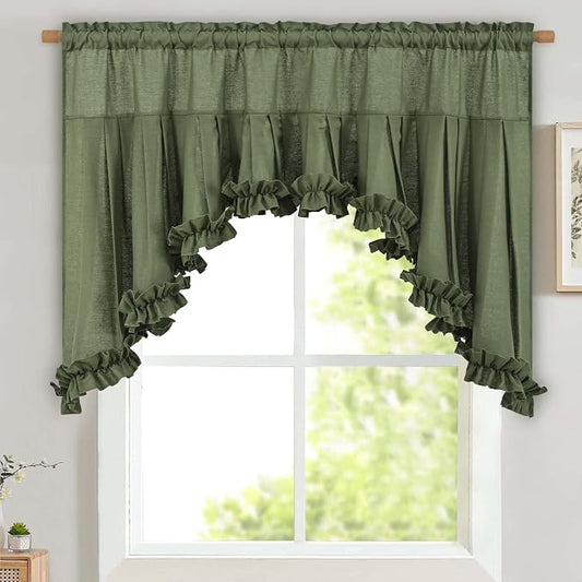 Likiyol Linen Valances for Windows Farmhouse Ruffle Swag Valance Rustic Country Window Valances Light Filtering Kitchen Curtains Rod Pocket Valance Curtains for Bathroom Cafe, Green, 60" W x 36" L by Likiyol