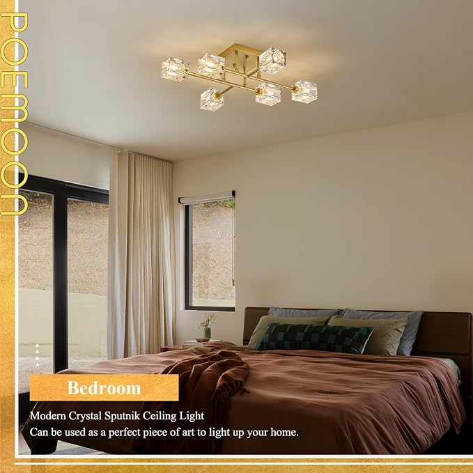 24" Gold 6-Light Luxury Semi Flush Mount Ceiling Light Modern K9 Crystal Kitchen Island Sputnik Chandelier for Dining Room Entryway Bedroom Living Room - Image 5